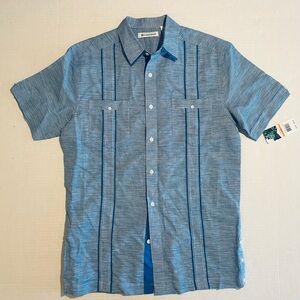 Cubavera Guayabera Mens S Linen Button Down Shirt Mediterranean Blue White Check